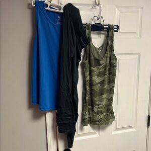 B. Get Three! Reebok Blue and Camo Tank Tops with Black Leggings